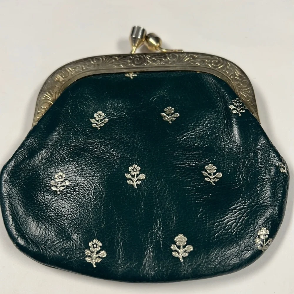 Green Leather Gold Handpainted Vintage Kisslock Wallet